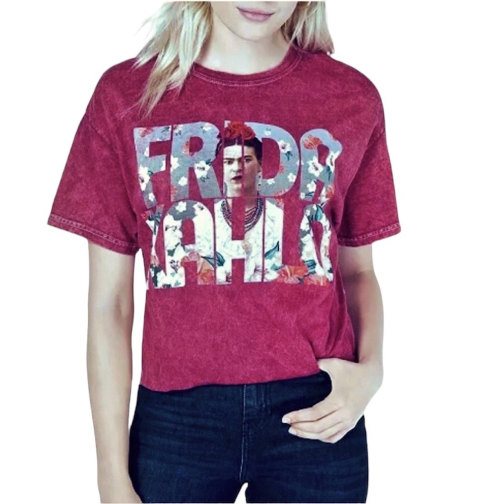 True Vintage Frida Kahlo Tee Burgundy Famous Artist Cropped Cotton T-shi…